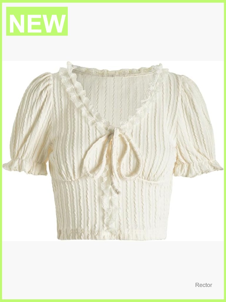 Knot Front Lace Trim Puff Sleeve V Neck Crop Top Short Sleeve Ruffled